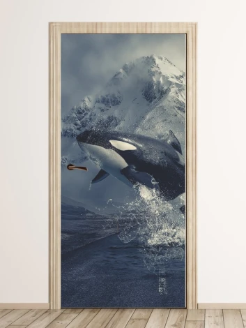 Kids\' door mural orca FP 6015 - Graphic design of an orca jumping over water with mountains and fog in the background.
