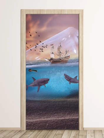 Kids\' pirate door wallpaper FP 6019 - Graphic design featuring a ship, sharks, iceberg, and birds in the background.