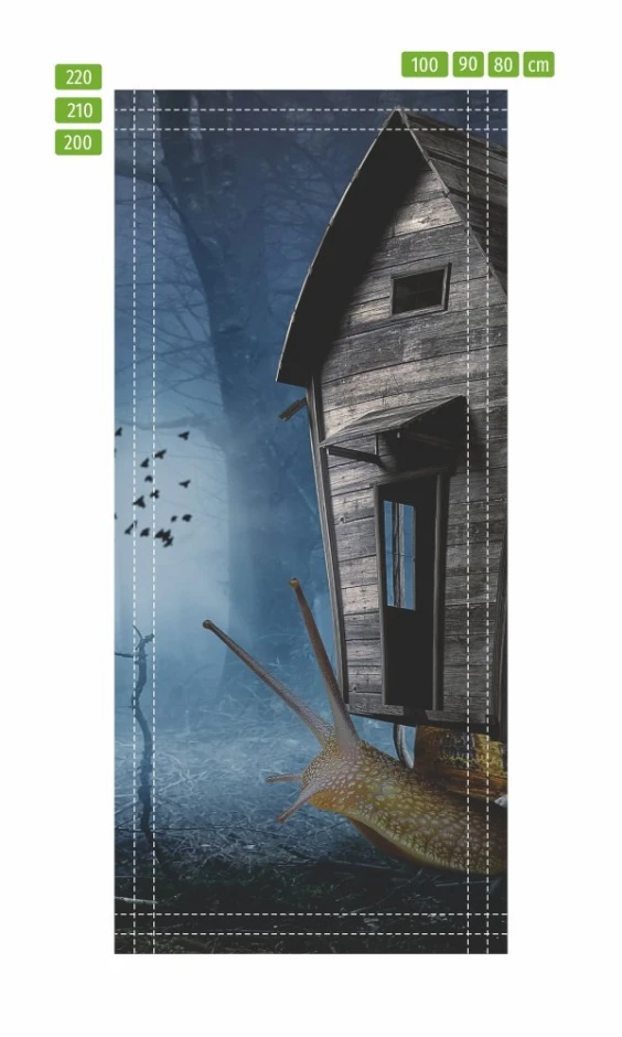 Kids\' door wallpaper FP 6016 - Graphic design featuring a snail with a shell in a forest, dark background with trees.