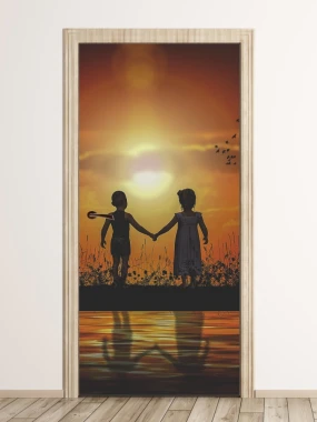 Sunset door wallpaper for kids FP 6014 - Graphic design featuring two children holding hands with a sunset backdrop.