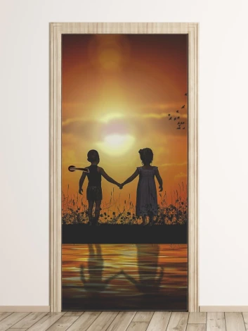 Sunset door wallpaper for kids FP 6014 - Graphic design featuring two children holding hands with a sunset backdrop.