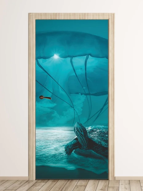 Kids\' door wallpaper FP 6007 - Graphic design featuring a turtle in water with jellyfish in shades of blue.