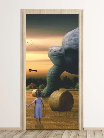 Children\'s door wallpaper FP 6018 - Graphic design featuring a large turtle in a landscape with a child and sun.