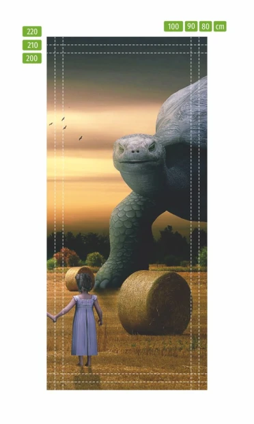 Kids\' door wallpaper FP 6018 - Graphic design featuring a large turtle outdoors with a child holding its hand. Background.