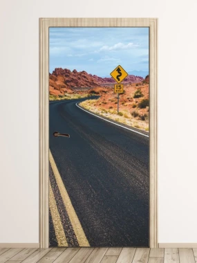 Prairie road door mural FP 2263 D - Graphic design featuring a winding road with a yellow road sign.