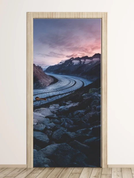 Mountain road door sticker FP 5398 - Graphic design featuring a mountain landscape with a river and rocks.