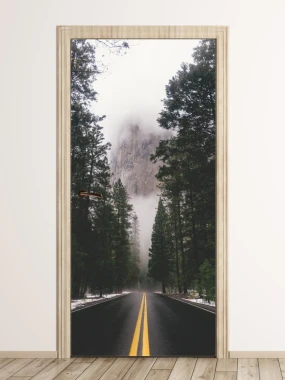 Mountain road door wallpaper FP 6023 - Modern interior design with light-colored walls and wooden flooring.