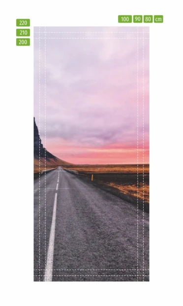 Wallpaper for doors featuring a canyon road FP 5377 - A graphic design of a road surrounded by rocks and sky.
