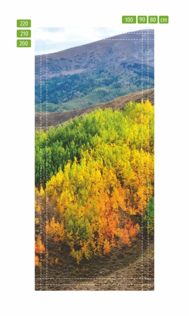 Autumn Trees Door Mural FP 5763 - Graphic design featuring colorful trees in shades of yellow and green against a mountain backdrop.