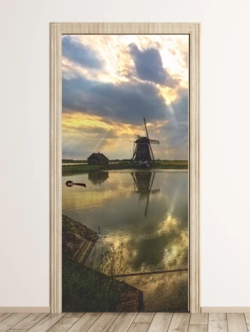 Lake and windmill door mural FP 5941 - Modern interior design with light-colored walls.