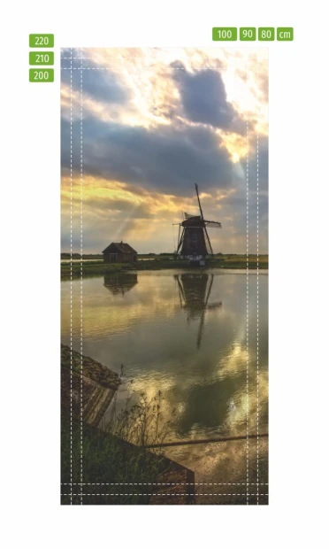 Door wallpaper with a lake and windmill design, featuring a windmill by a lake surrounded by clouds.
