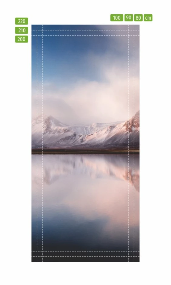 Mountain lake door mural FP 5745 - Graphic design featuring a mountain landscape with a lake and reflection.