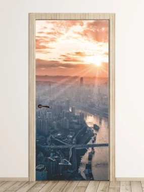 City skyline door sticker FP 5672 - Modern interior design with light-colored walls.