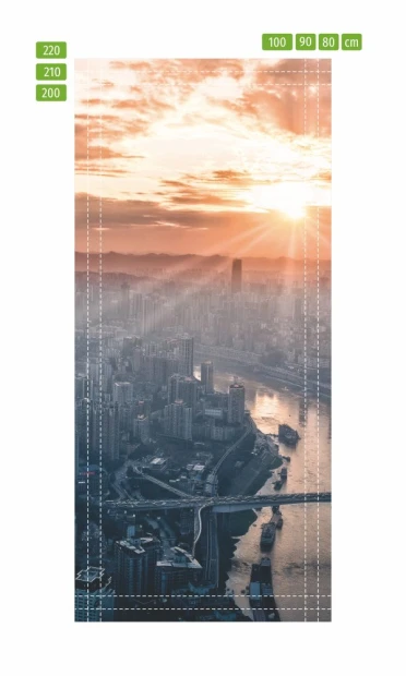City skyline door sticker FP 5672 - Graphic design featuring a bird\'s-eye view of a city with a river and bridge.