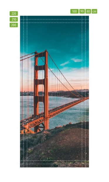 Golden Gate Bridge door mural FP 2255 D - Graphic design. Vibrant orange bridge against a sky backdrop.