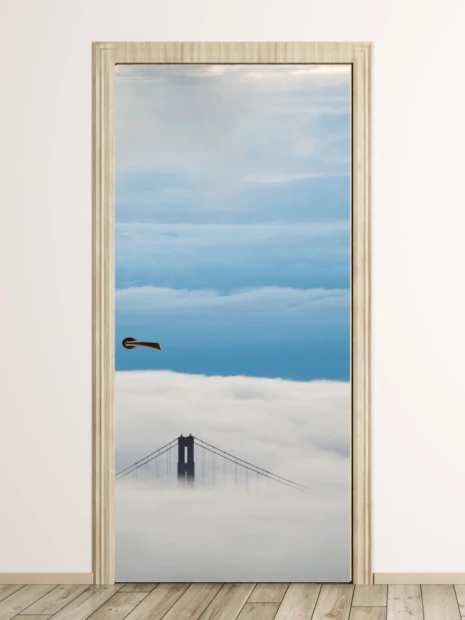 Golden Gate Bridge door mural FP 5347 - Graphic design of the bridge in clouds against a blue sky backdrop.