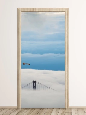 Golden Gate Bridge door mural FP 5347 - Graphic design of the bridge in clouds against a blue sky backdrop.