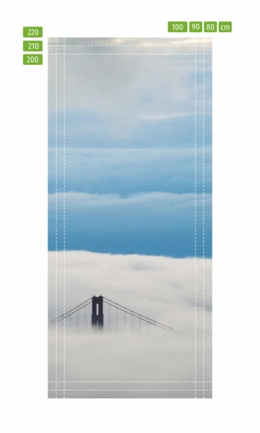 Golden Gate Bridge door mural FP 5347 - Graphic design with the bridge in clouds, blue sky, and soft white clouds.