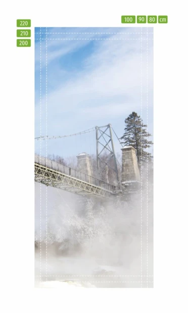 Door wallpaper bridge over a waterfall FP 5901 - Graphic design. A bridge suspended above a waterfall surrounded by mist and trees.