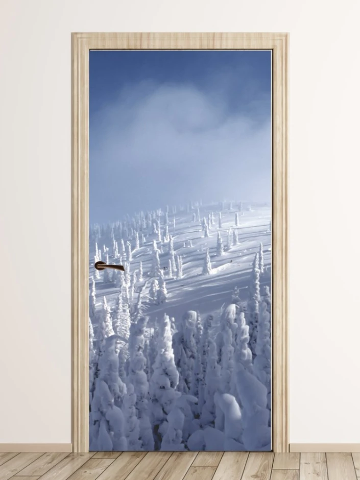 Snow-covered trees wallpaper for doors FP 4559 - Graphic design featuring white trees in snow against a sky backdrop.