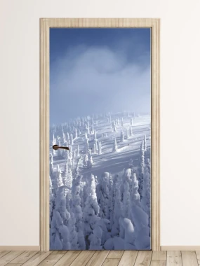 Snow-covered trees wallpaper for doors FP 4559 - Graphic design featuring white trees in snow against a sky backdrop.