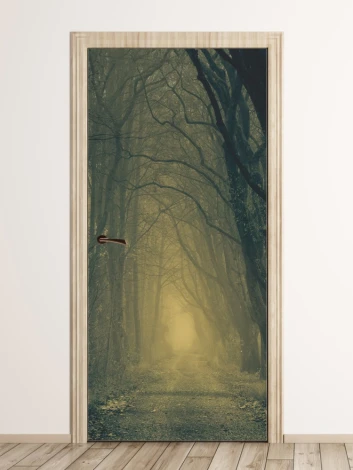 Forest dawn door mural FP 6027 - Graphic design featuring a tree-lined path with fog in the background.