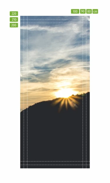 Sunset door mural FP 5156 - Graphic design featuring a sunset over mountains with rays of light.
