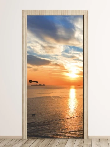 Sunset over the sea door mural FP 5294 - Modern interior design with light-colored walls.