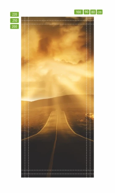 Door wallpaper Road to the Sun FP 6041 - Graphic design. A path leads to a bright sky through a mountainous landscape.