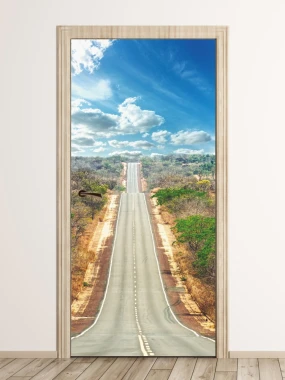 Wallpaper for doors featuring a prairie road design, depicting a wide road leading towards the horizon.