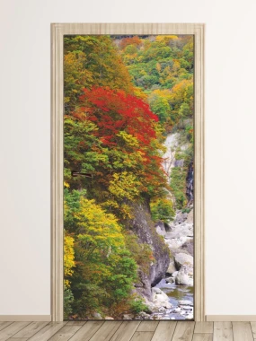 Mountain waterfall door mural FP 6075 - Graphic design featuring a stream surrounded by autumn-colored trees.