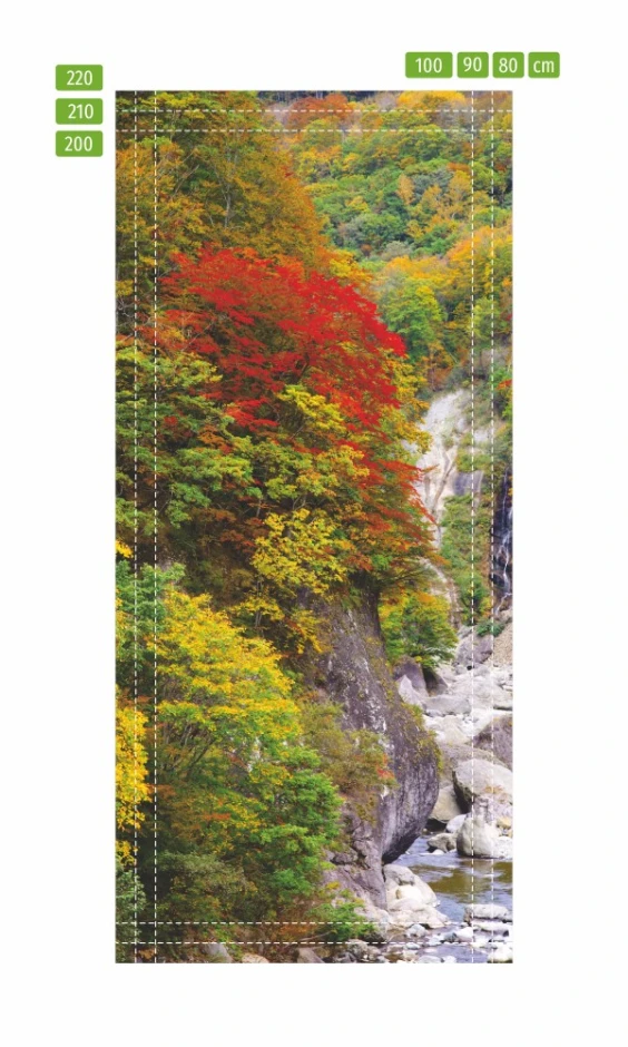 Mountain river door mural FP 6075 - Graphic design featuring a river surrounded by green trees and red accents.