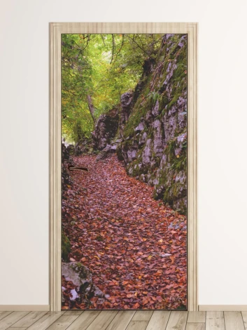 Autumn leaves door wallpaper FP 6042 - Styled in a hallway with light-colored walls and wooden flooring.