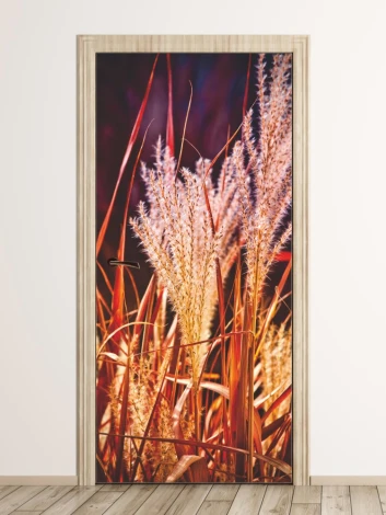 Autumn grass door wallpaper FP 6074 - Styled in a bright room with neutral walls and wooden accents.