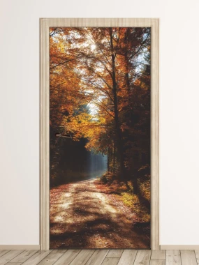 Forest path wallpaper for doors, sunlit design FP 6048 - Living room arrangement with light-colored walls and wood accents.