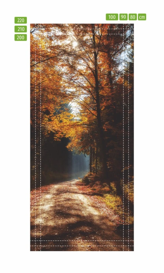 Forest path wallpaper for doors, sunlit design with trees and leafy shades.