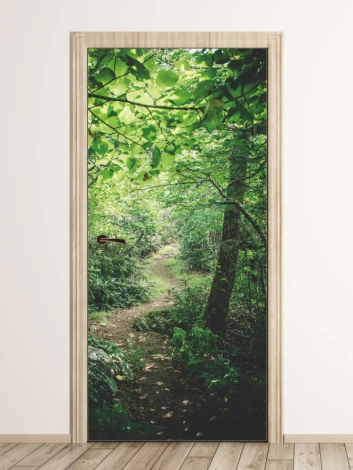 Forest path door wallpaper FP 6039 - Entryway decor with light-colored walls and wooden flooring.