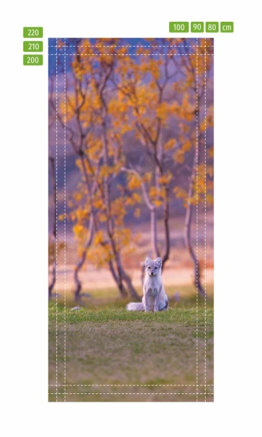 Small animal door mural FP 6072 - Graphic design featuring a fox sitting on grass against a tree backdrop.