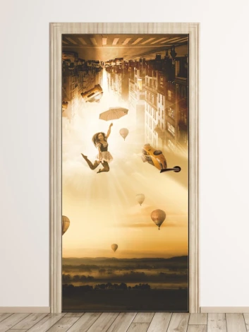 New York upside down door mural FP 6059 - Graphic design. Woman jumping in the air, floating cars.