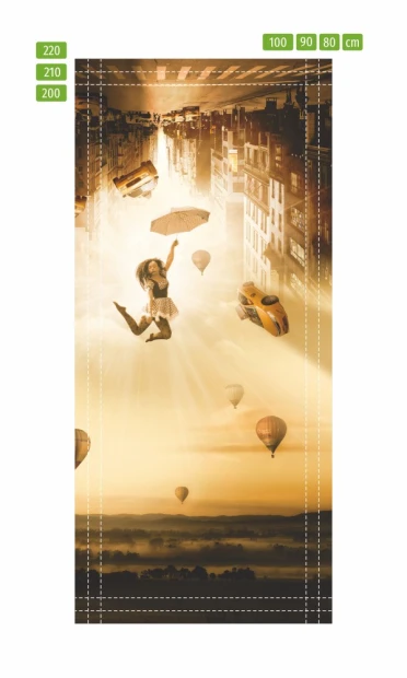 Upside-down New York door mural FP 6059 - Graphic design featuring an inverted city with balloons.