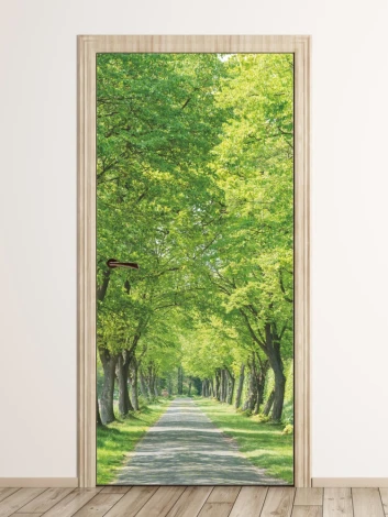 Park alley door wallpaper FP 6028 - Styled in a hallway with light walls and wooden flooring.
