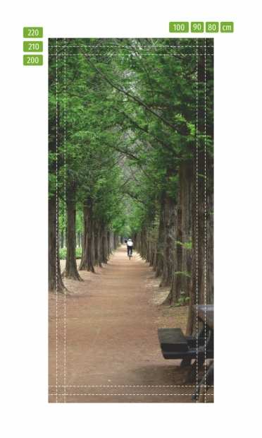 Door wallpaper featuring a park alley design with trees and a person. Model FP 6031.