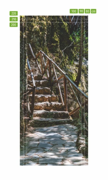 Rocky stairs door mural FP 6038 - Graphic design featuring stone steps surrounded by green trees.