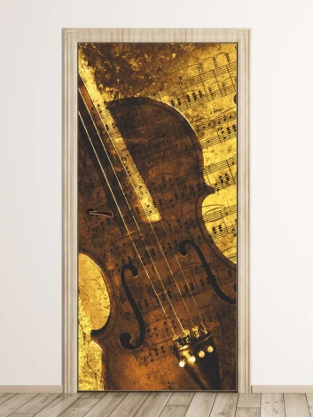Violin door mural 141 - Graphic design featuring violins against a backdrop of musical notes in gold and bronze hues.