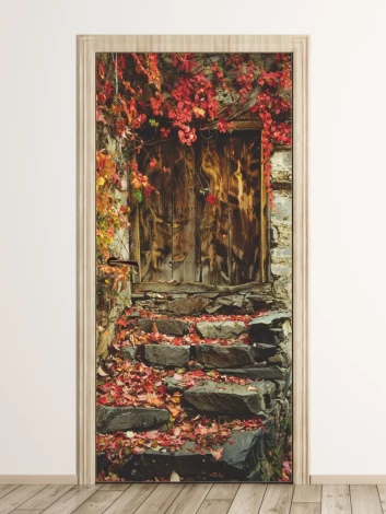 Wallpaper for doors FP 6070 - Decor in a hallway. Wooden doors surrounded by red leaves and stones.