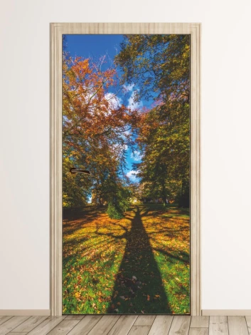 Tree shadow door wallpaper FP 6069 - Bright room decor with neutral walls and wooden accents.