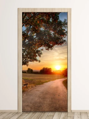Sunset door mural FP 6050 - Decor in a space with wooden flooring, featuring trees and a pathway.