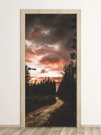 Sunset Door Mural FP 6032 - Graphic design featuring a forest path with a setting sun.