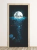 Fairy tale moon door mural FP 6098 - Graphic design with a moon over water, jellyfish at the bottom, blue waves.