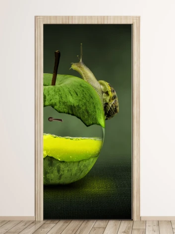 Fairy tale snail door wallpaper FP 6085 - Graphic design. Green apple with a transparent section and snail.
